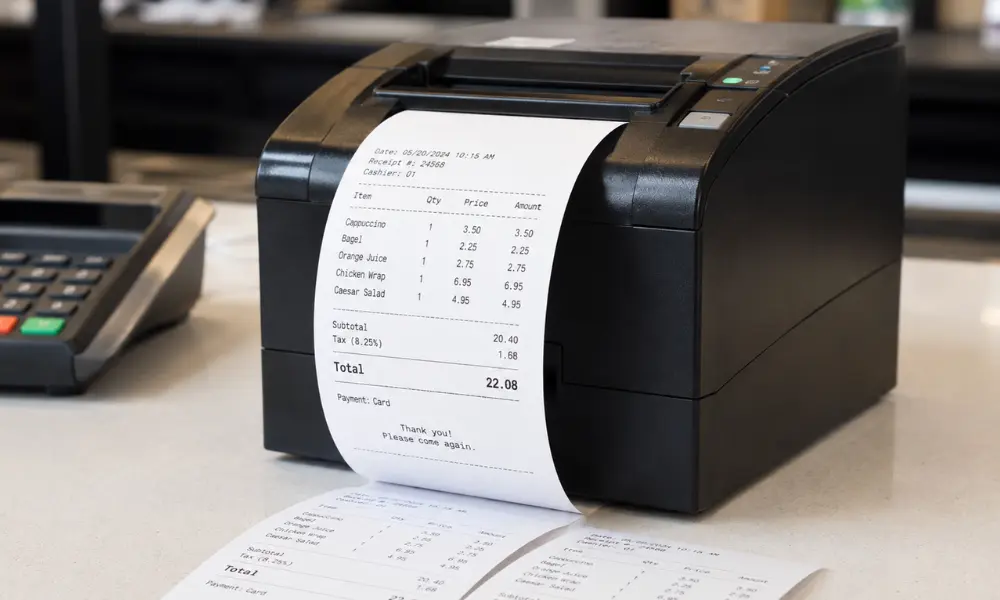 Impresora térmica de tickets imprimiento factura de compra.
